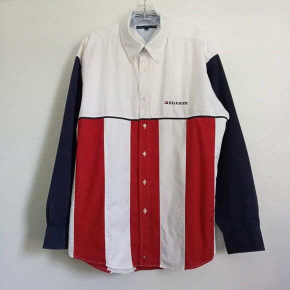 Vintage Tommy Hilfiger Y2K Shirt Flag Stripes Military Button Oxford Cotton XL